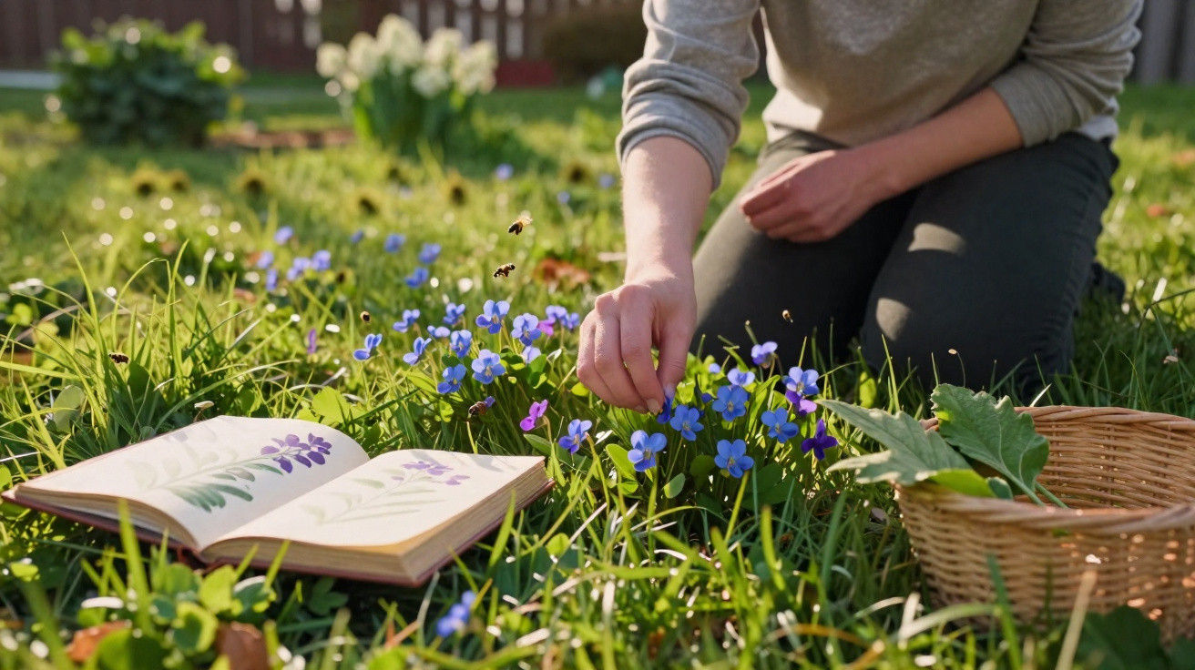 Pessoa apanha flores violeta numa relva verde com livro aberto de flora e cesto ao lado, com abelhas no ar.