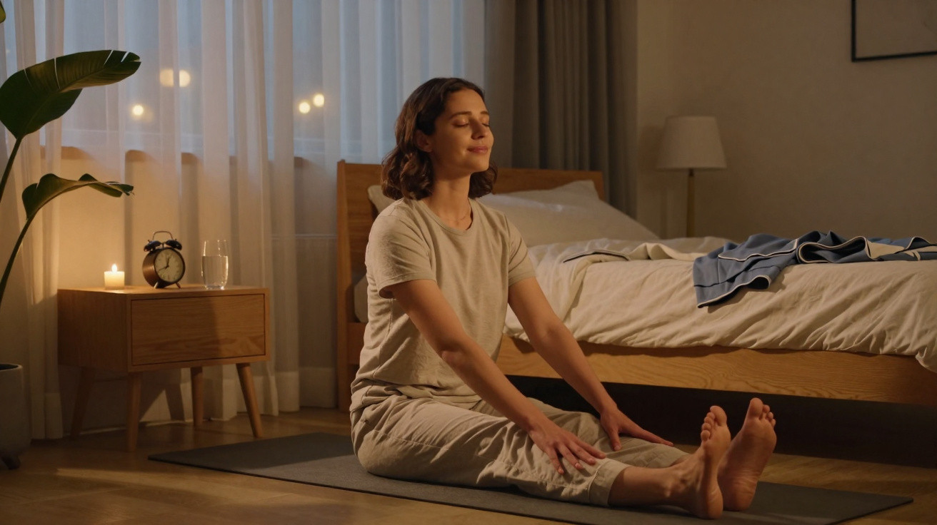 Mulher sentada num tapete a alongar-se no quarto com luz suave e ambiente relaxante.