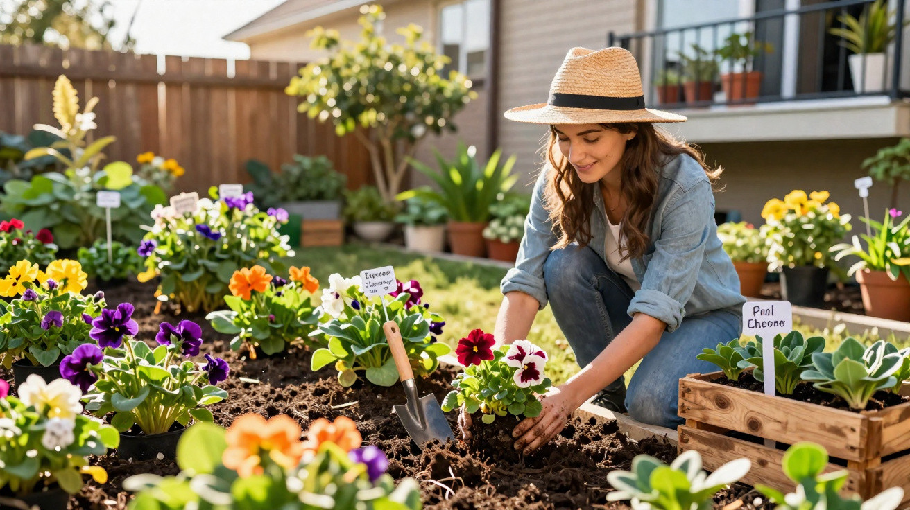 Mulher a plantar flores coloridas numa horta urbana ensolarada, usando chapéu de palha e roupa casual.