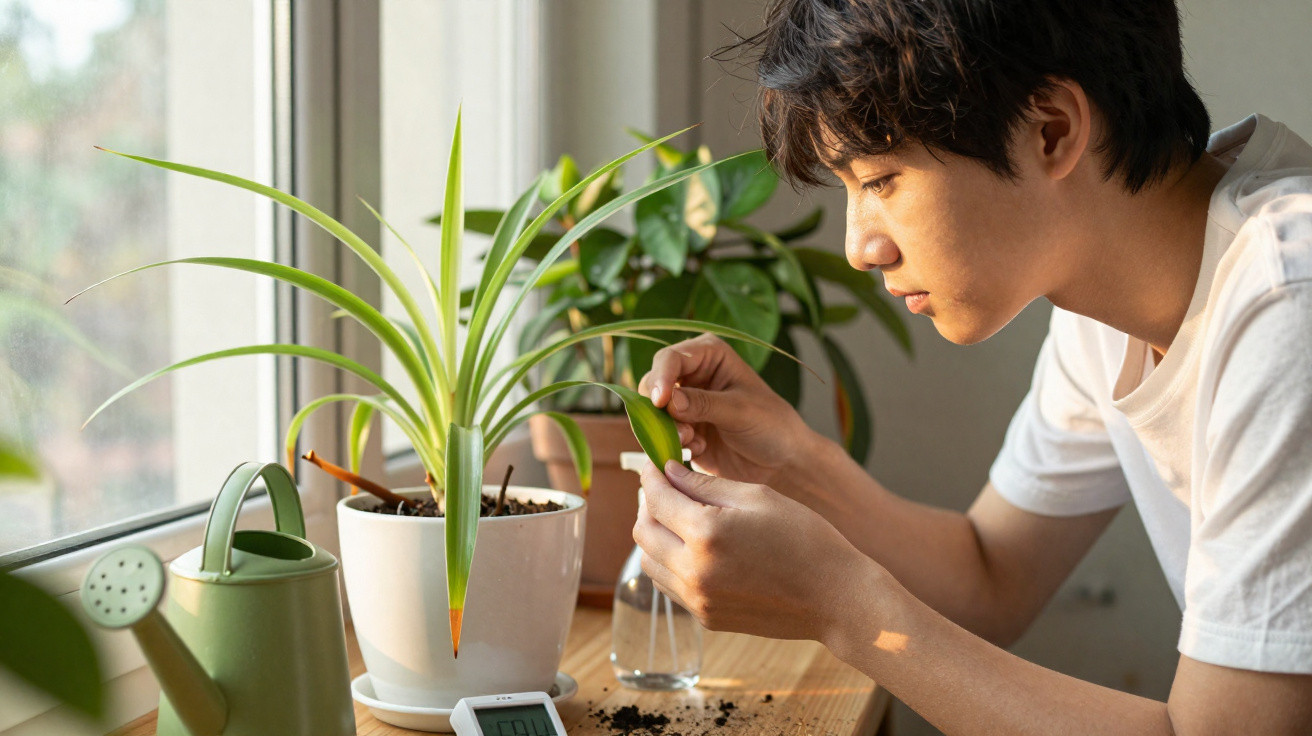 Jovem a cuidar de planta em vaso junto a janela, com regador verde e terra numa mesa de madeira.