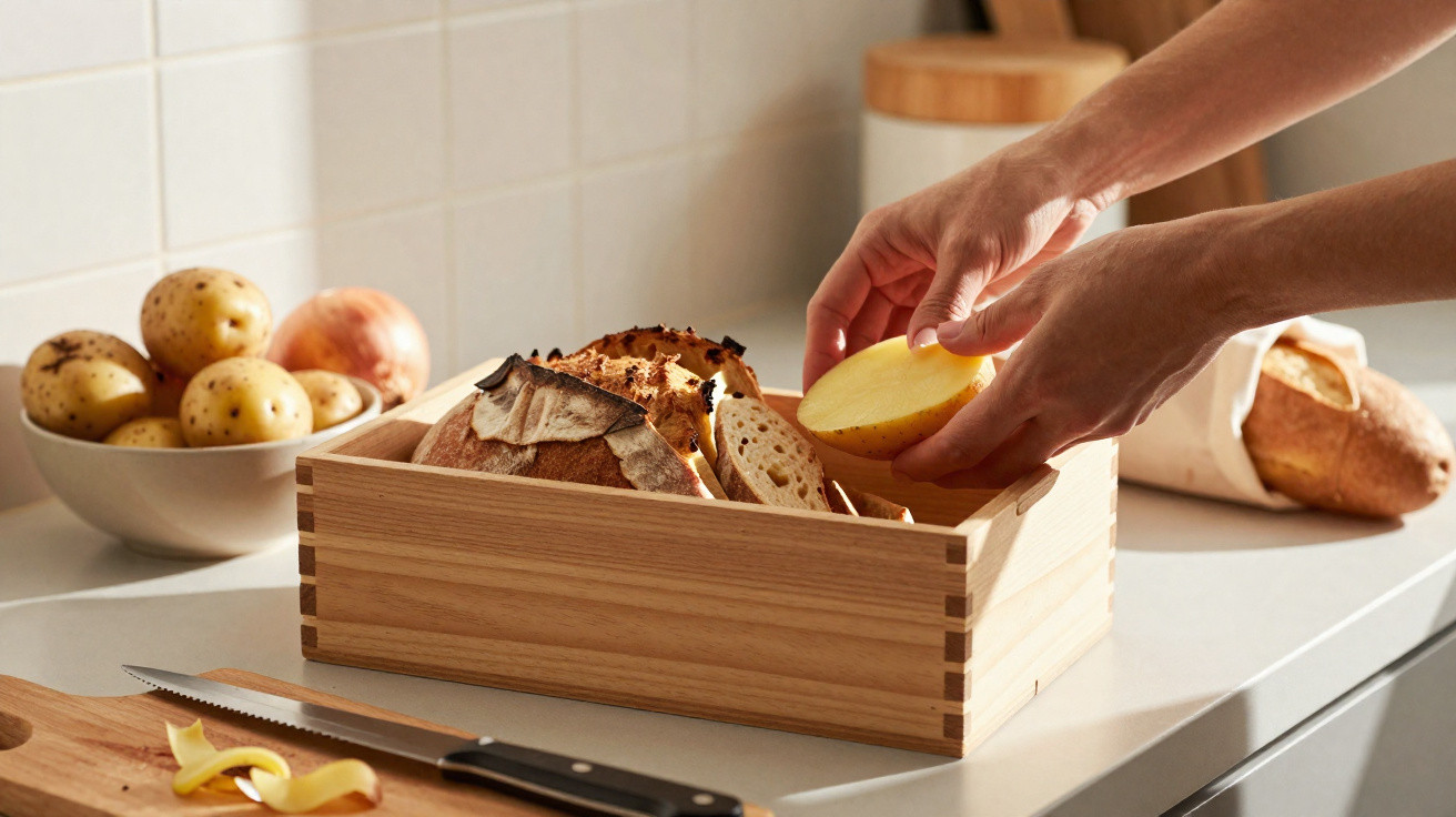 Caixa de madeira com pão fatiado e mão a colocar uma batata cortada numa cozinha iluminada.
