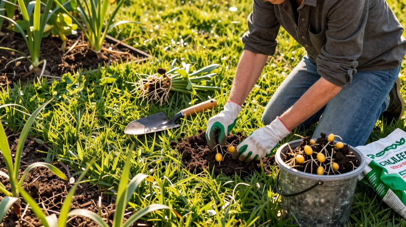 Pessoa a plantar pequenos bulbos amarelos na relva com luvas e enxada ao lado.