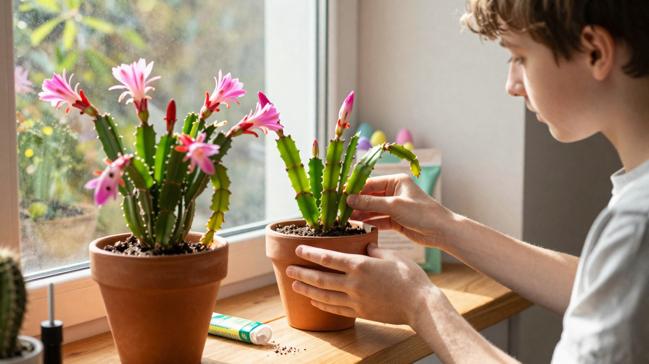 Jovem a cuidar de cactos com flores rosas em vasos de barro junto a uma janela ensolarada.