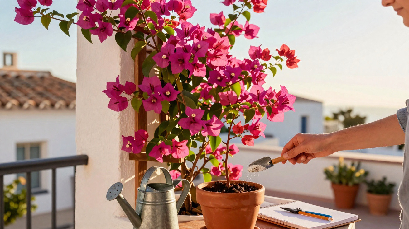 Pessoa a cuidar de planta em vaso com flores cor-de-rosa num terraço ensolarado, com regador metálico ao lado.