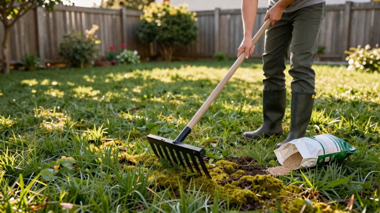 Pessoa a usar enxada para limpar musgo no jardim com saco de fertilizante aberto ao lado.