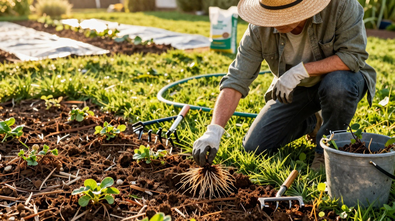 Pessoa a plantar mudas no solo de uma horta caseira, com chapéu e luvas de jardinagem.