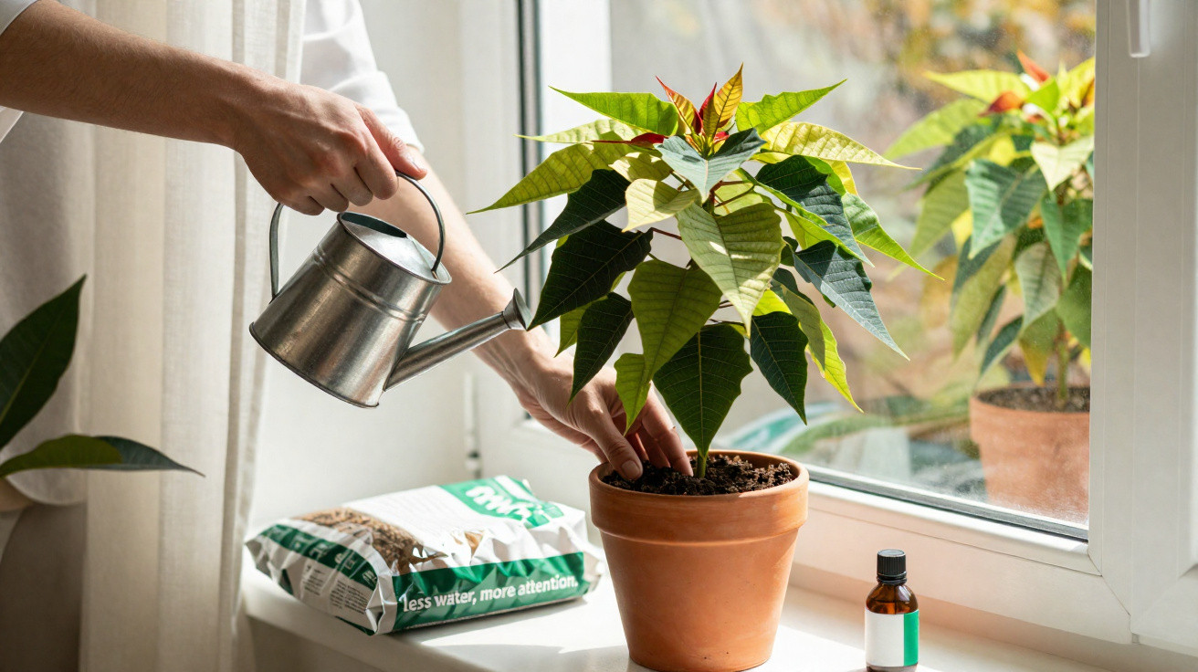 Pessoa a regar planta verde com regador metálico junto a janela, com saco de terra e frasco pequenos na superfície.