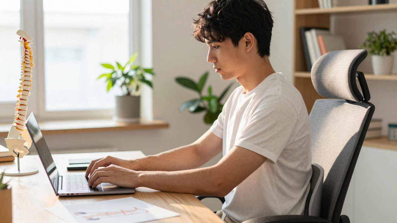 Jovem sentado numa cadeira ergonómica a trabalhar num portátil numa mesa com coluna vertebral modelar ao lado.