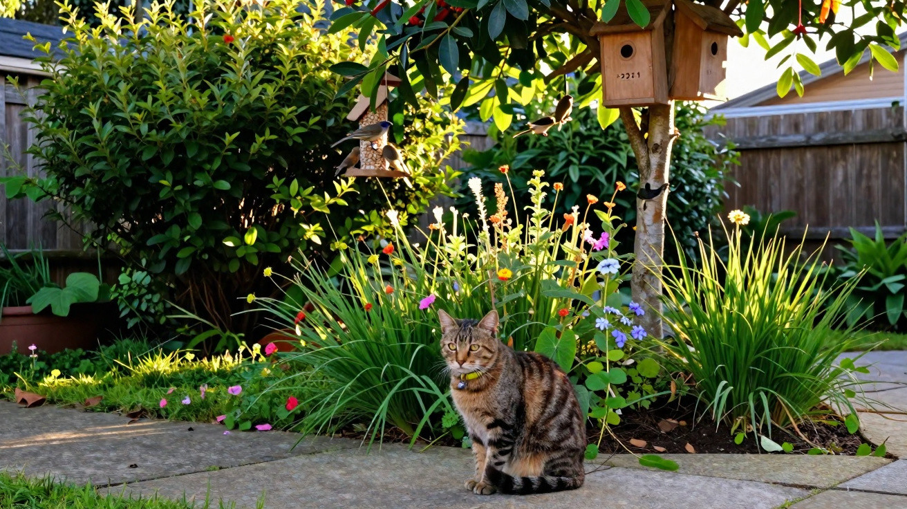 Gato listrado sentado em calçada ao lado de flores coloridas e árvores com comedouros para pássaros.