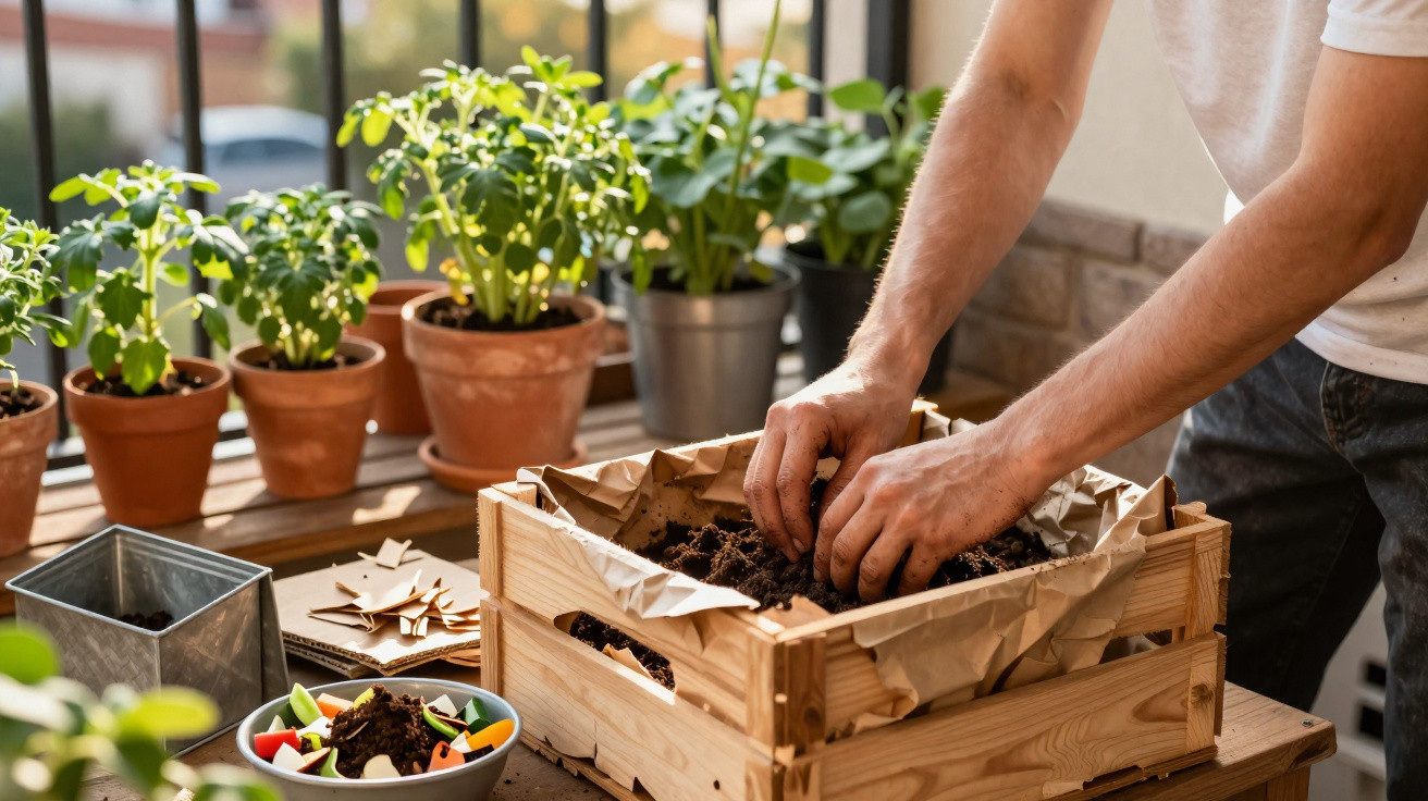 Pessoa a preparar terra numa caixa de madeira para plantar ervas aromáticas numa varanda ensolarada.