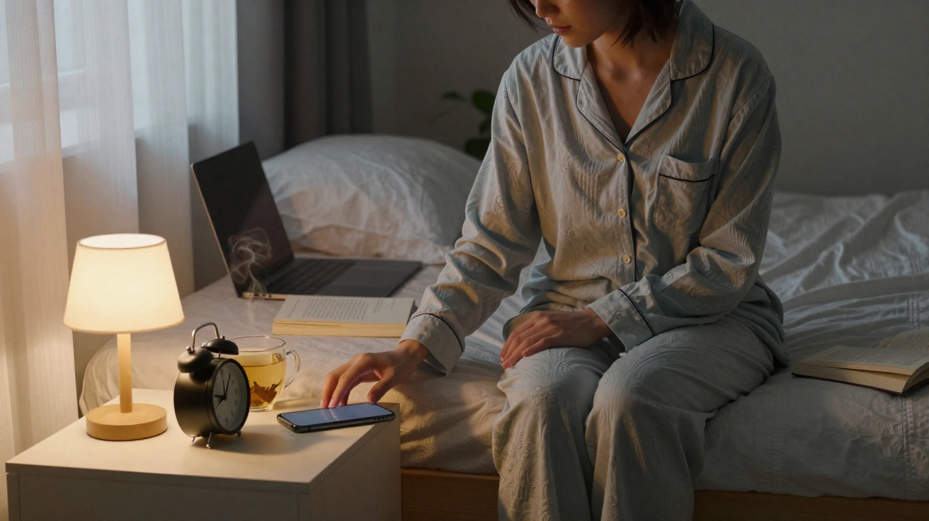 Mulher de pijama sentada na cama a pegar no telemóvel, com candeeiro, relógio e chá numa mesa de cabeceira.