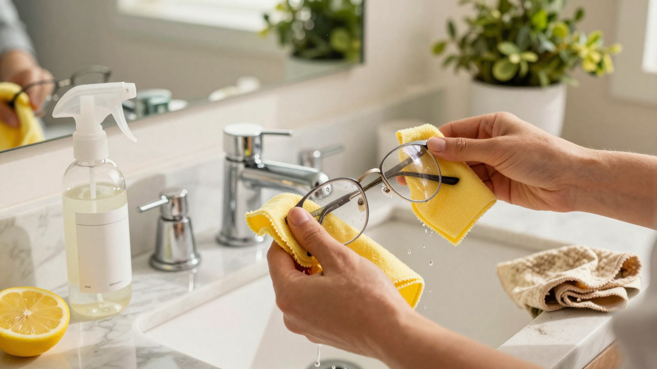 Pessoa a limpar óculos com pano amarelo junto a uma pia de casa de banho com garrafa de spray e limão.