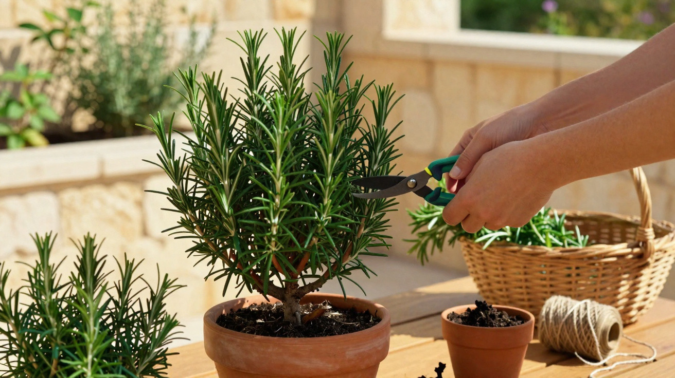 Pessoa a podar planta de alecrim em vaso de barro num ambiente exterior soalheiro.