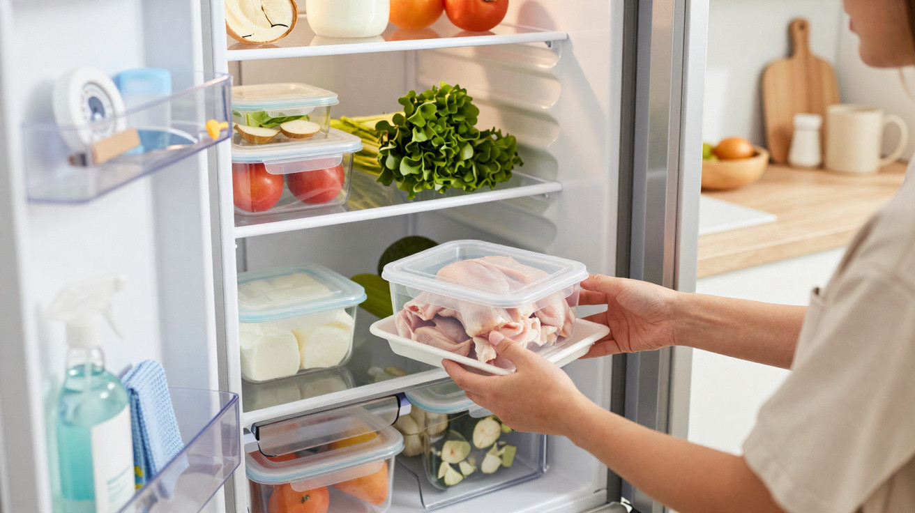 Pessoa a colocar recipiente com carne crua na prateleira do frigorífico organizado com legumes e alimentos frescos.