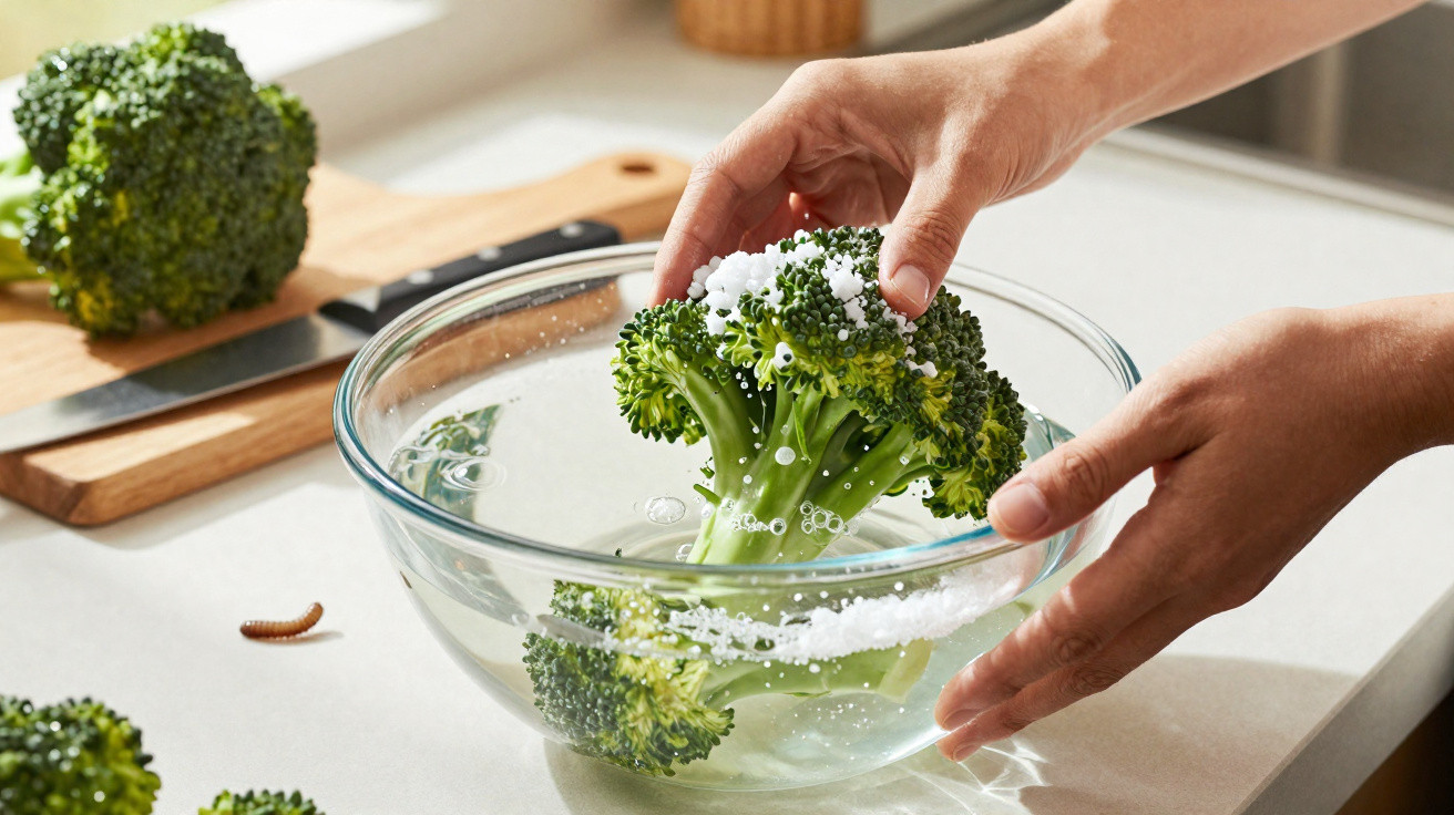 Mãos a lavar brócolos num recipiente de vidro com água e sal na cozinha.