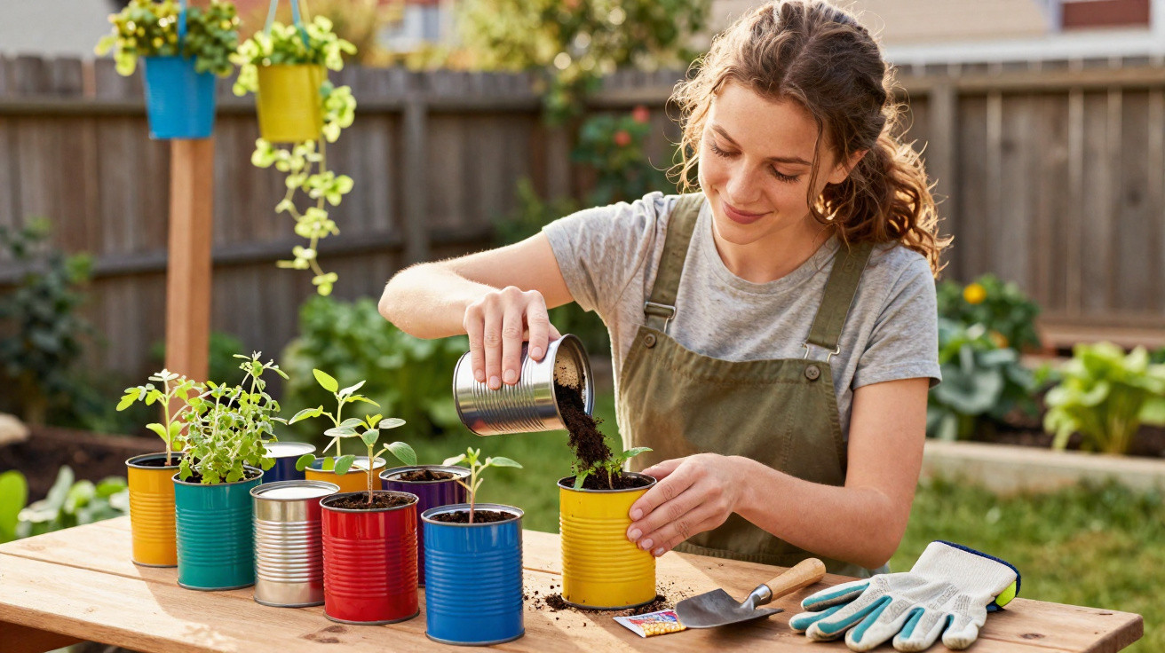 Mulher a transplantar plantas em vasos coloridos feitos de latas recicladas numa mesa no jardim.