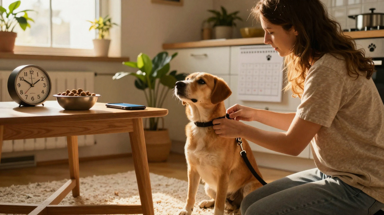 Mulher prende trela no cão sentado numa sala iluminada com relógio e plantas ao fundo.