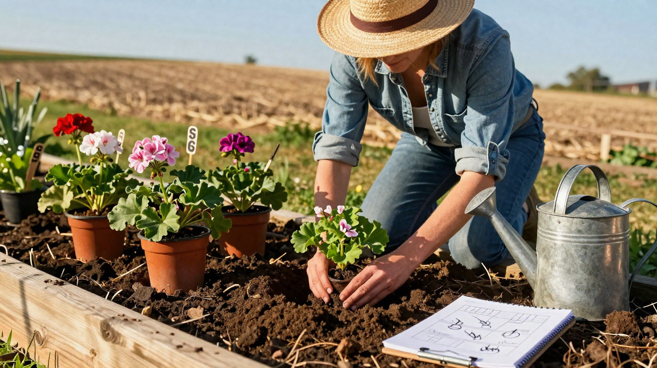 Mulher com chapéu a plantar flores em vaso num canteiro de jardim com regadora e caderno ao lado.