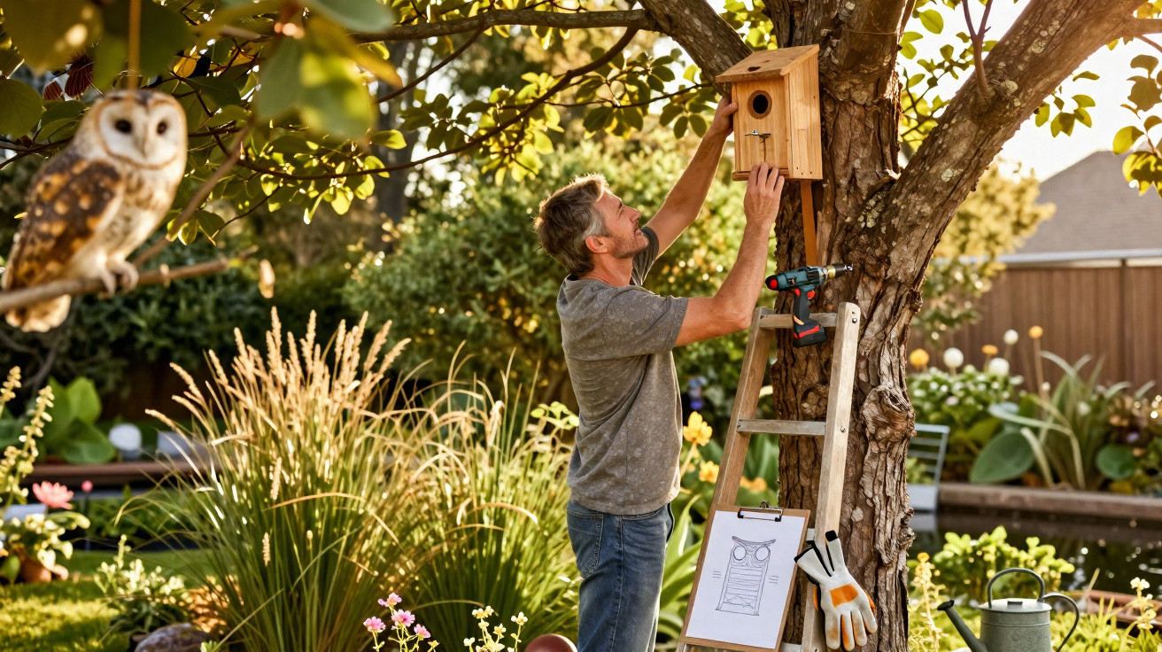 Homem a instalar uma caixa-ninho de madeira numa árvore num jardim florido durante o dia.