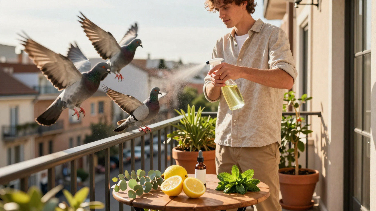 Jovem aplica solução repelente em pombos num terraço com plantas e mesa com limões e ervas.