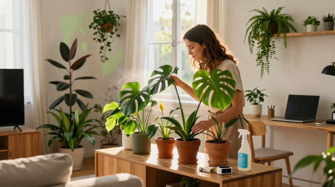 Mulher a cuidar de plantas verdes em vasos numa sala com luz natural e mobília em madeira.