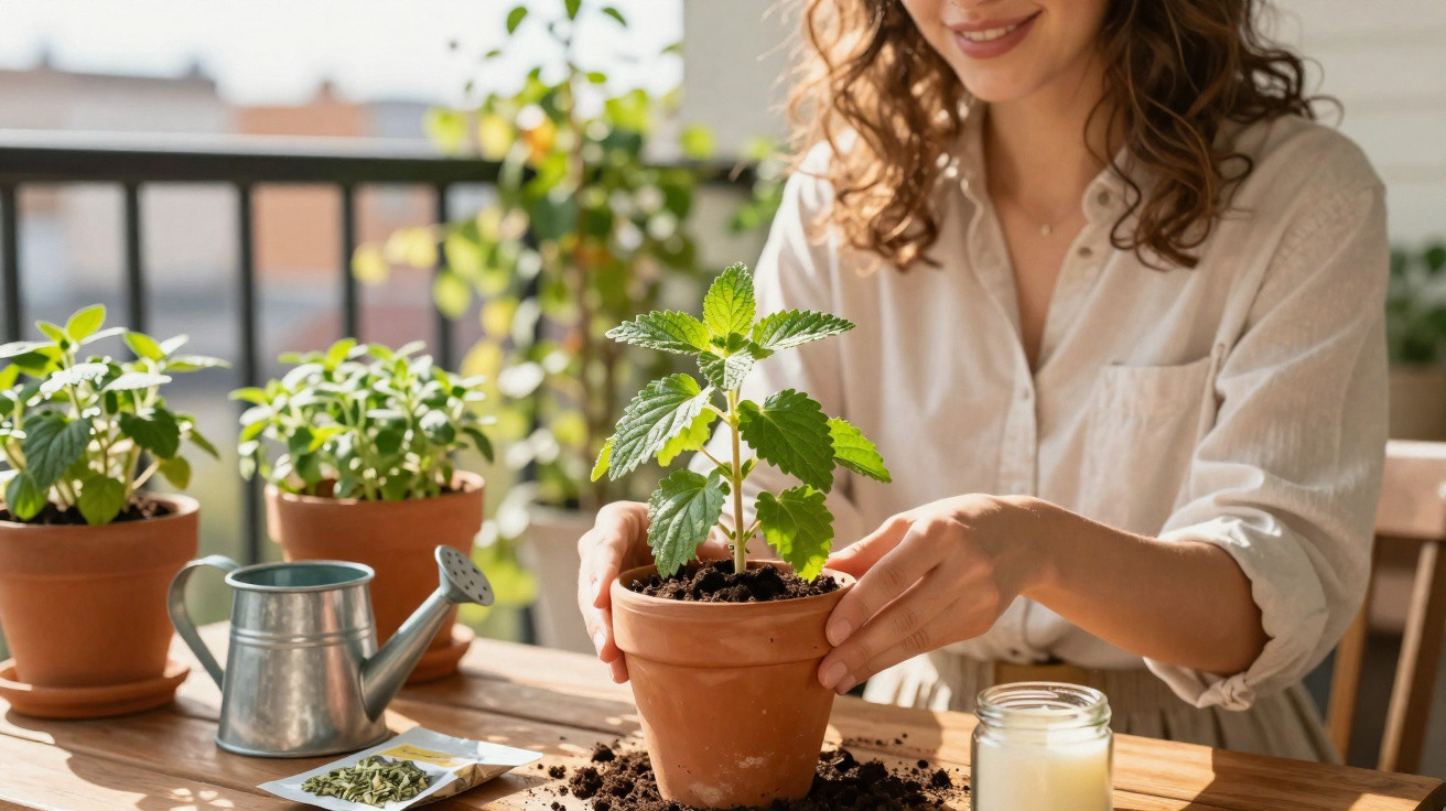 Mulher a cuidar de planta em vaso de barro, com regador e vasos ao fundo, numa varanda ao sol.