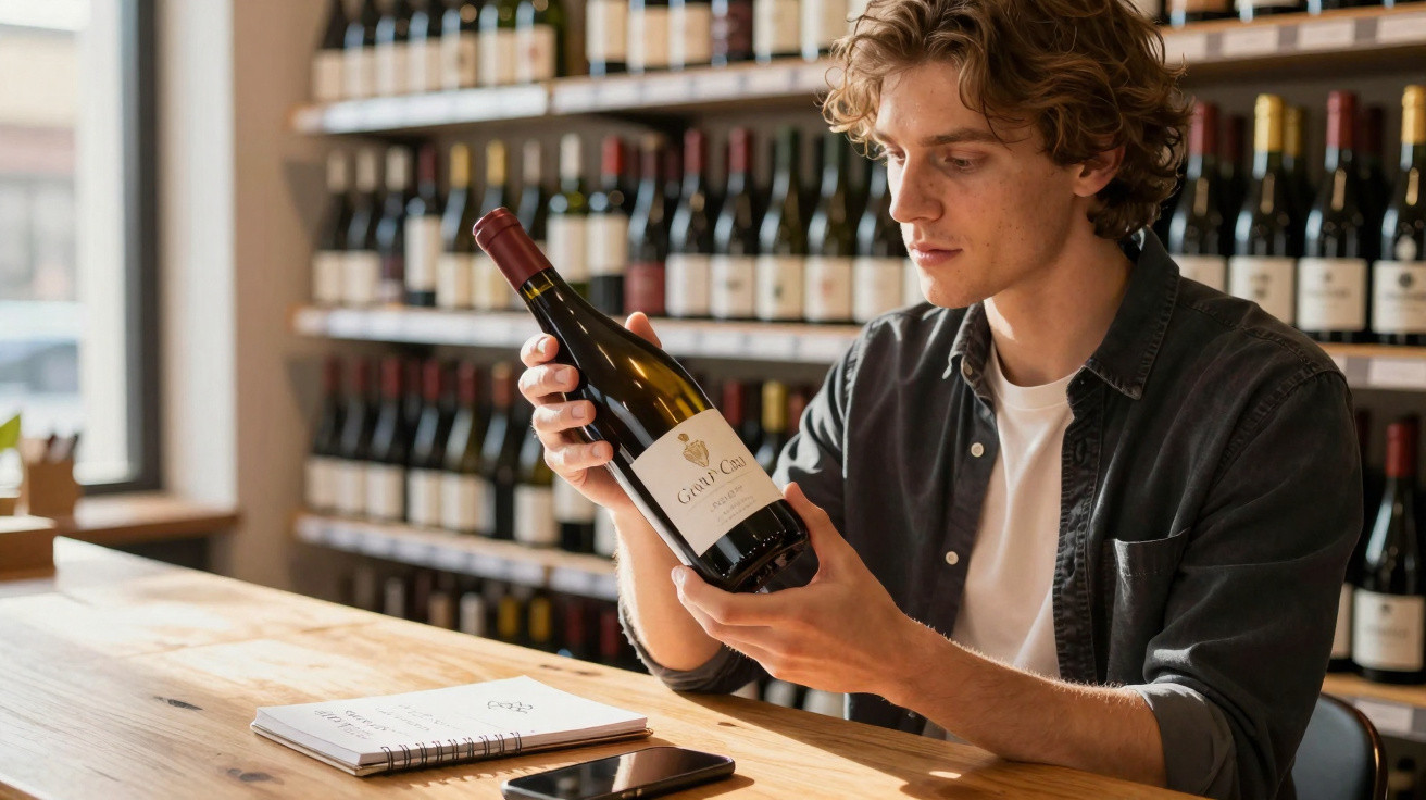 Homem jovem a examinar uma garrafa de vinho numa loja com paredes cheias de vinhos.
