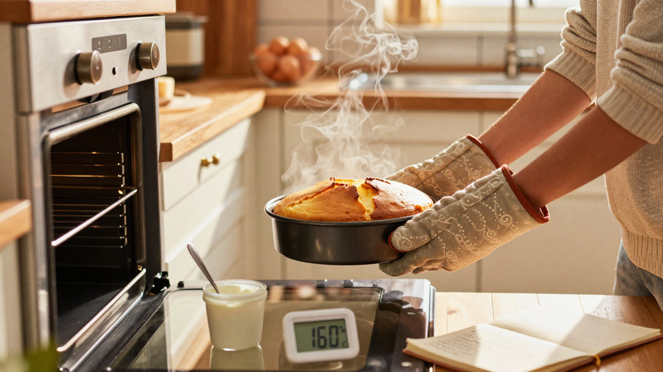 Pessoa a tirar bolo quente acabado de sair do forno na cozinha, com luvas de proteção e vapor visível.