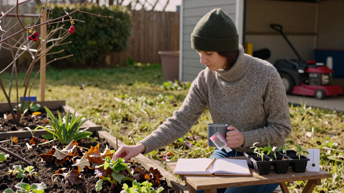 Pessoa com camisola e gorro verdes a cuidar de plantas num jardim com caderno, chávena e vasos de plantas.