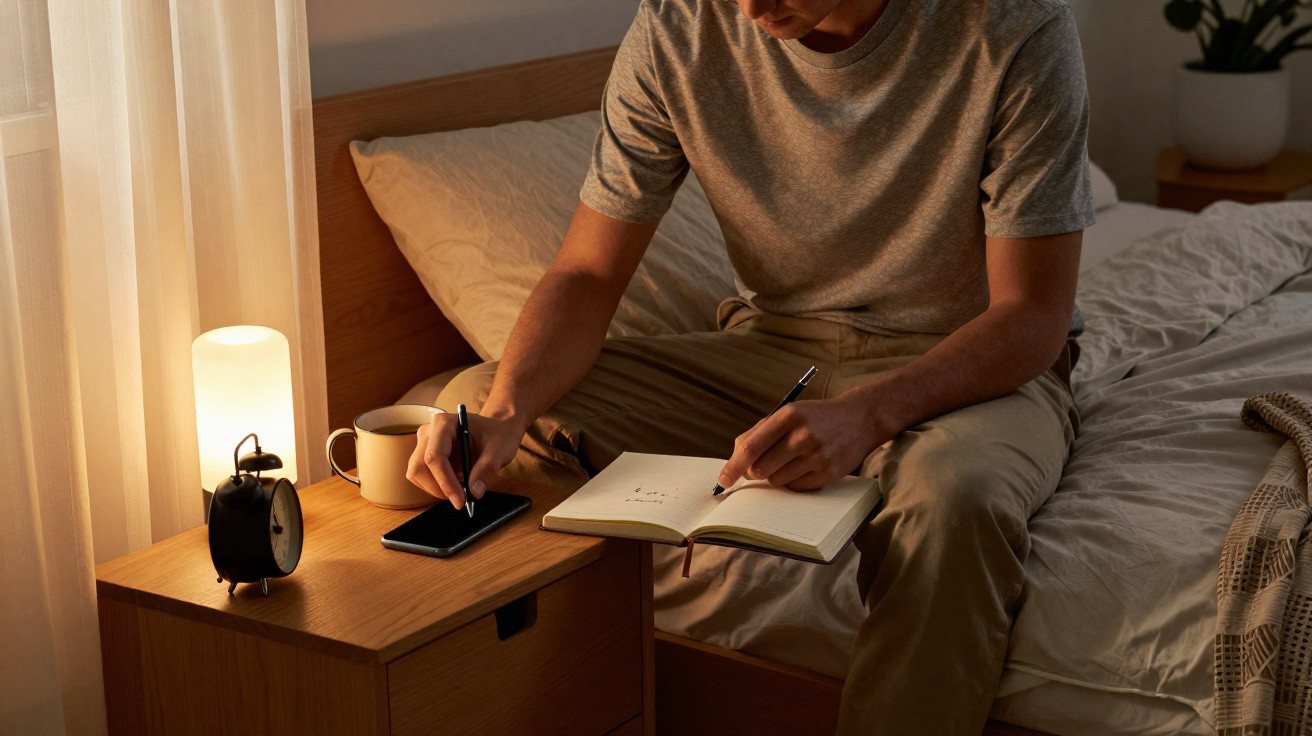Homem sentado na cama a escrever num caderno e a usar o telemóvel numa mesa de cabeceira com candeeiro aceso.