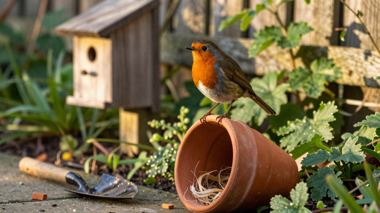 Pássaro com peito laranja pousado numa planta de vaso de barro num jardim com birdhouse e pá.