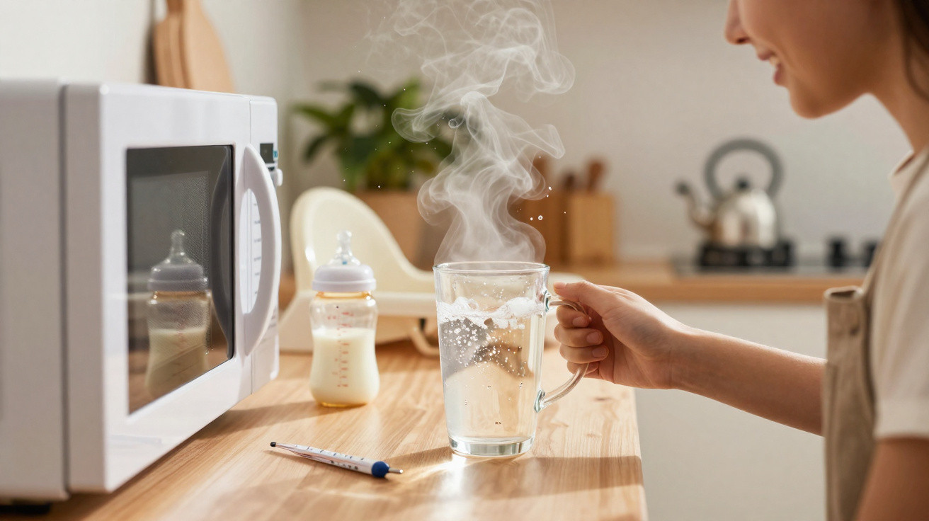 Pessoa a segurar chávena com água quente a vapor numa cozinha, com biberão e termómetro na bancada.