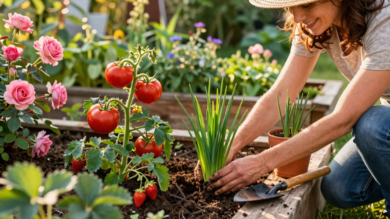 Mulher a plantar cebolinhas num canteiro com tomates, morangos e rosas ao redor.