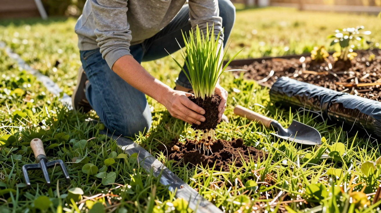 Pessoa a plantar muda de planta em jardim com ferramentas de jardinagem ao redor.