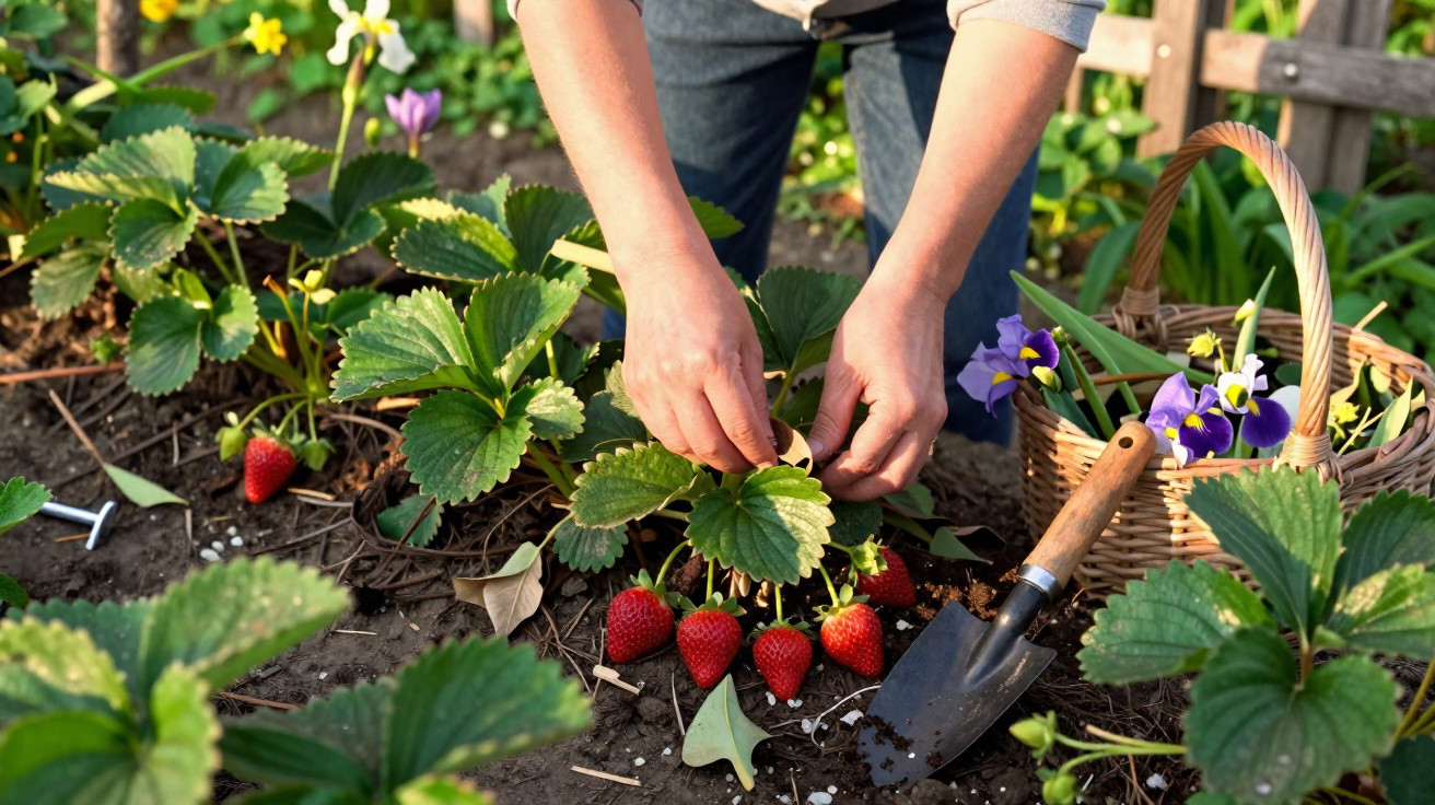 Pessoa a cuidar de morangueiros com morangos vermelhos maduros e flores numa cesta ao lado.