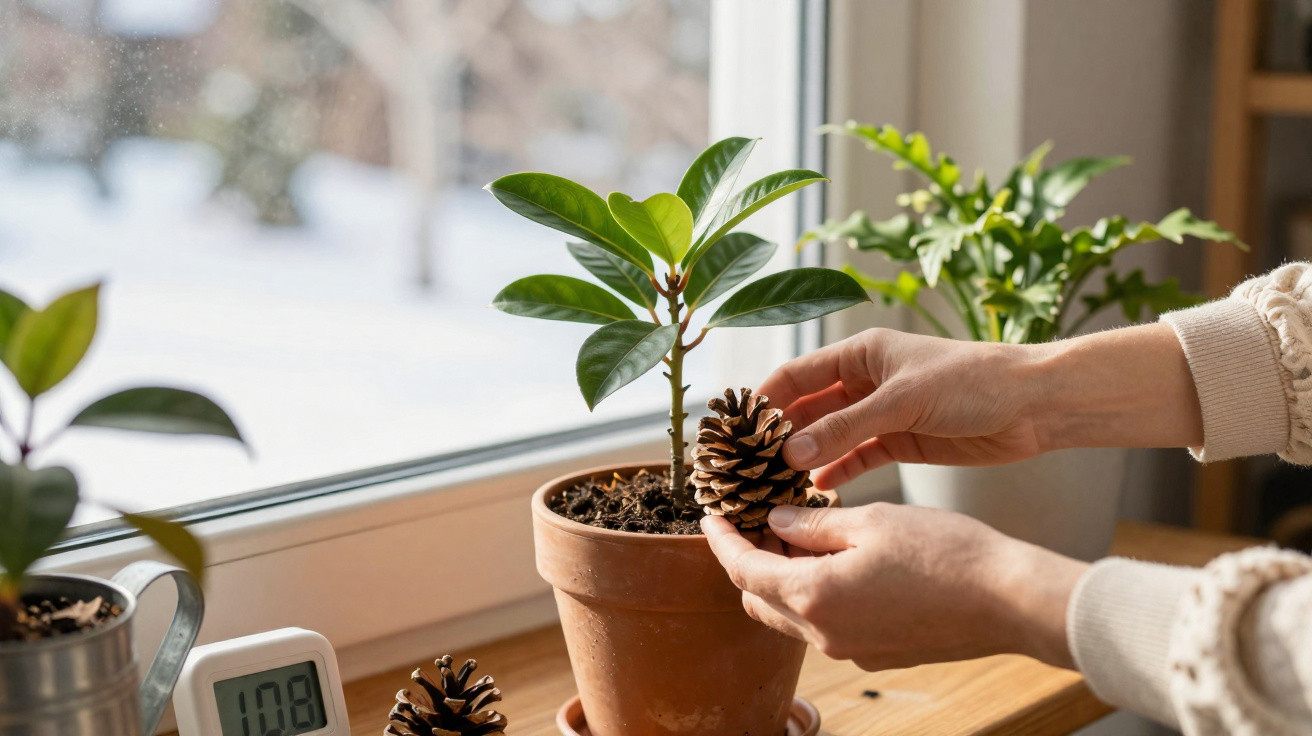 Mãos seguram uma pinha junto de plantas em vasos numa janela com luz natural suave.