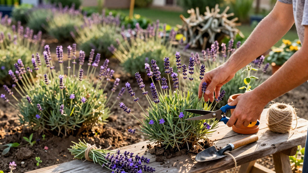 Pessoa a podar flores de lavanda num jardim com ferramenta de poda e vaso ao lado.