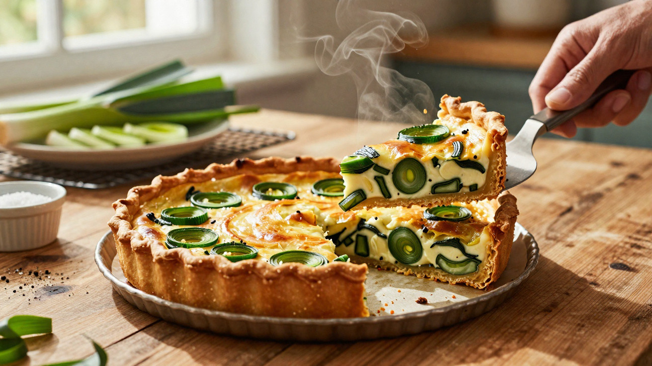 Quiche fumegante de legumes verdes a ser servida num tabuleiro de metal sobre mesa de madeira.