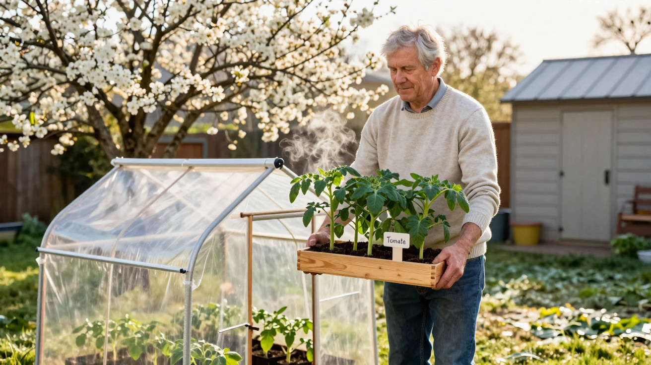 Homem idoso a transportar caixa com plantas de tomate junto a estufa num jardim florido.