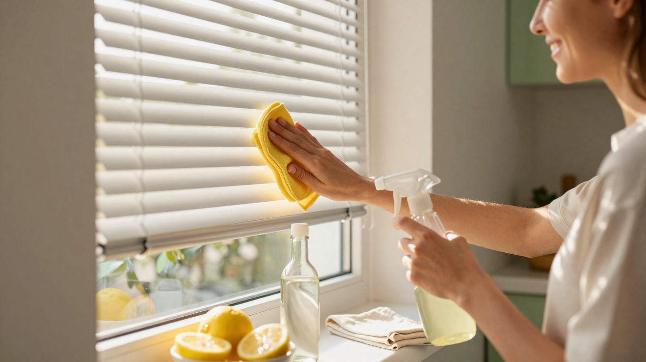 Pessoa a limpar persiana branca com pano amarelo e spray de limpeza numa cozinha iluminada.