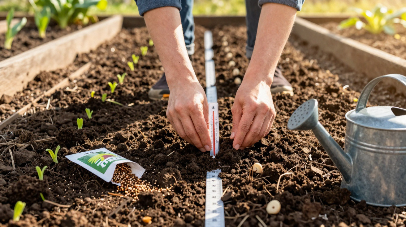 Mãos a plantar sementes no solo de um canteiro com régua para medir distância e regador ao lado.