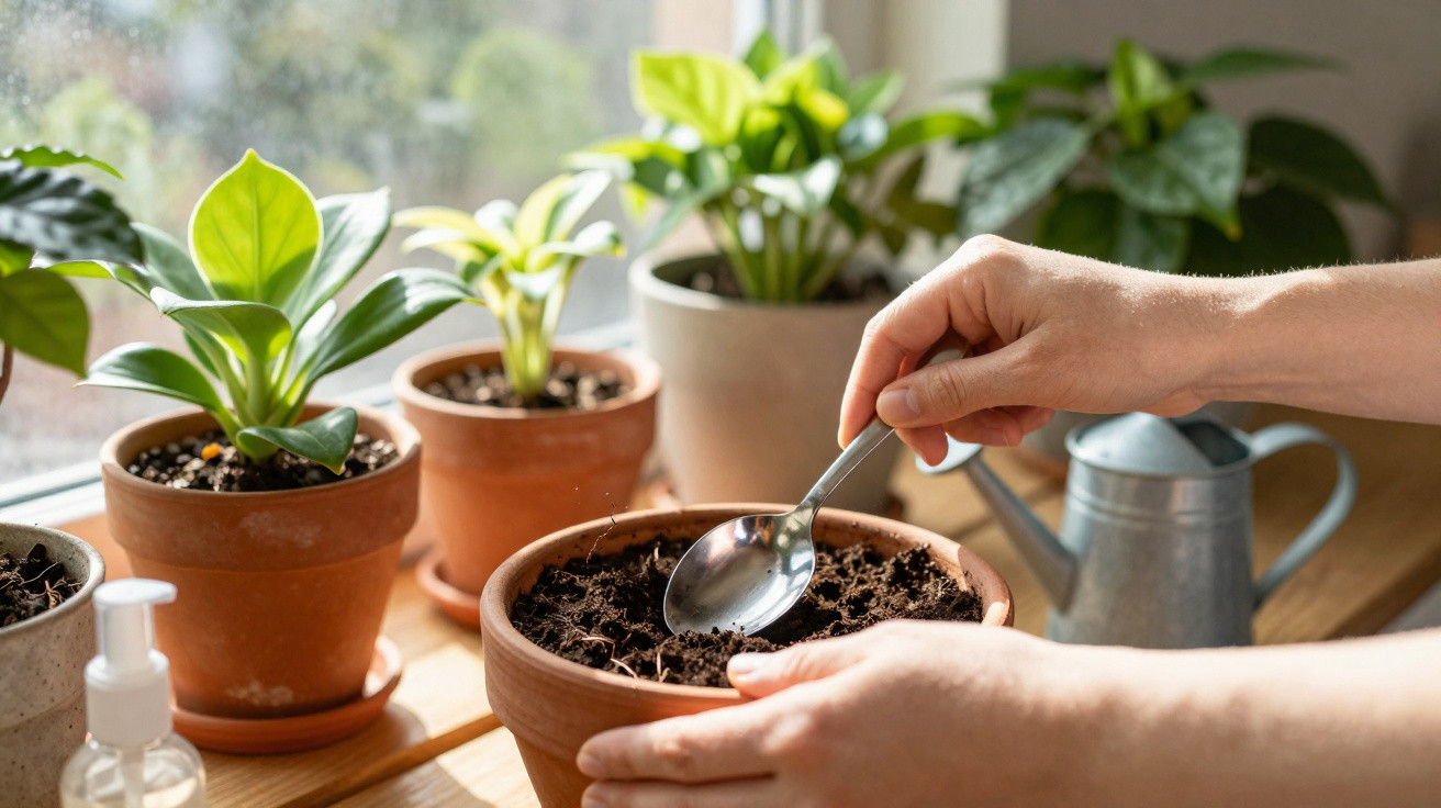 Mãos a preparar terra húmida num vaso de barro, rodeado de vasos com plantas verdes junto a uma janela iluminada.