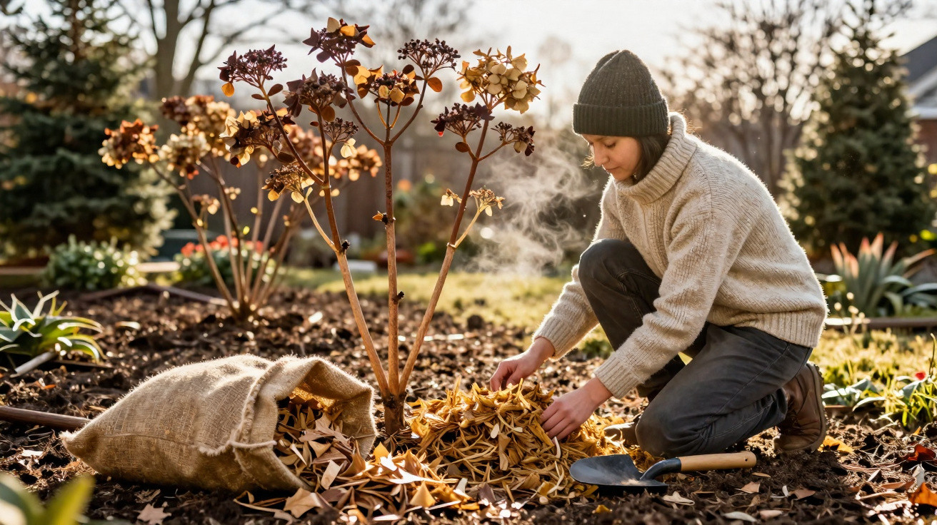 Pessoa a fazer trabalho de jardinagem, a espalhar folhas secas junto a arbusto num jardim ao entardecer.
