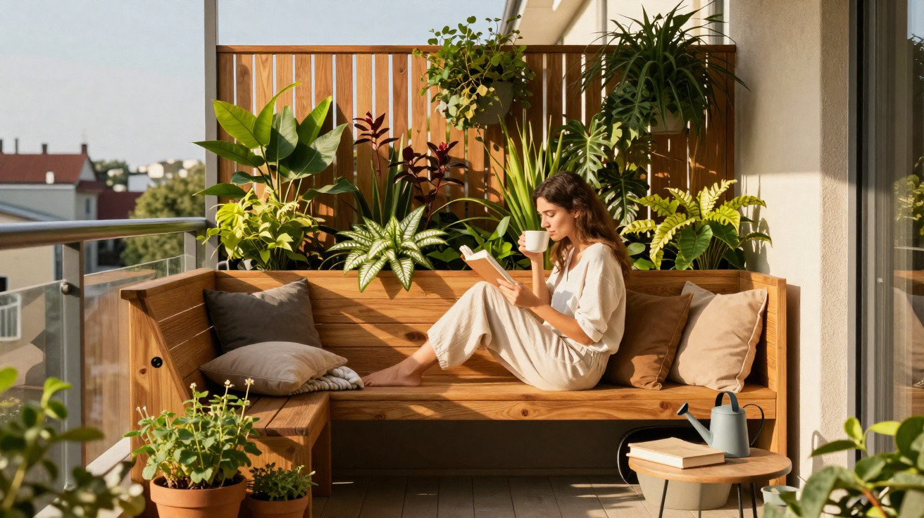 Mulher sentada numa varanda com muitas plantas, a ler um livro e a beber de uma chávena.