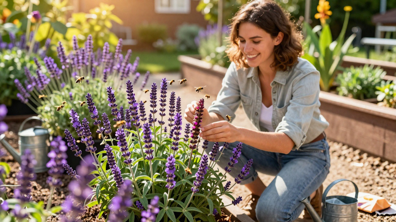 Mulher sorridente cuida de flores de lavanda num jardim ensolarado com abelhas a voar à volta.