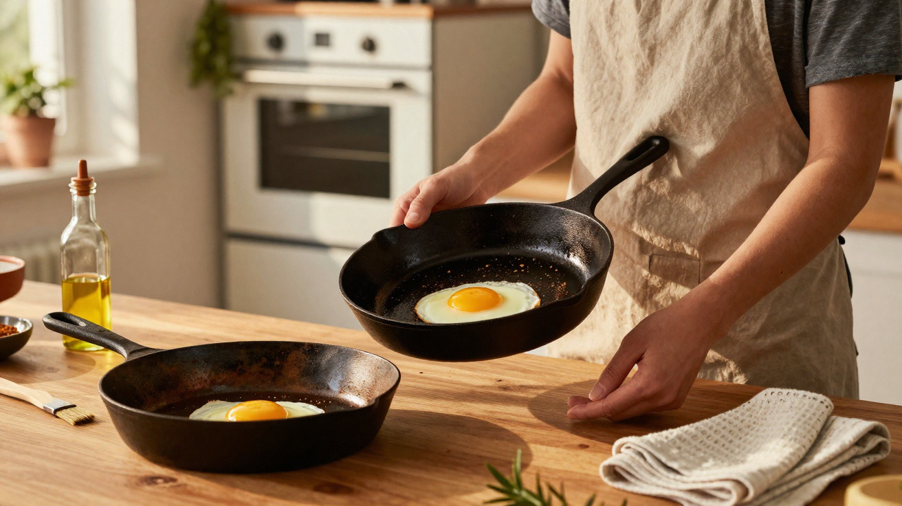 Pessoa a cozinhar ovos estrelados em frigideiras pretas numa cozinha iluminada.