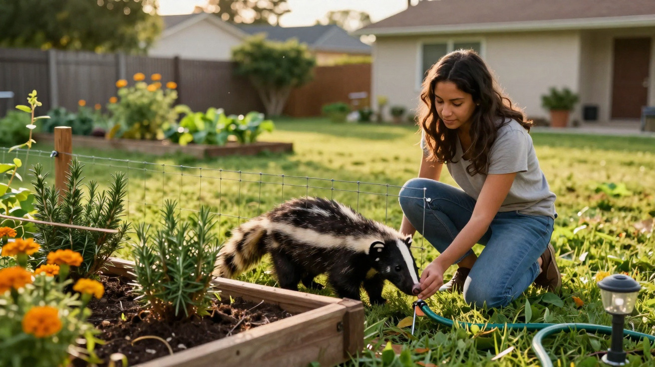 Rapaz a alimentar um texugo no jardim junto a uma horta com flores e plantas.