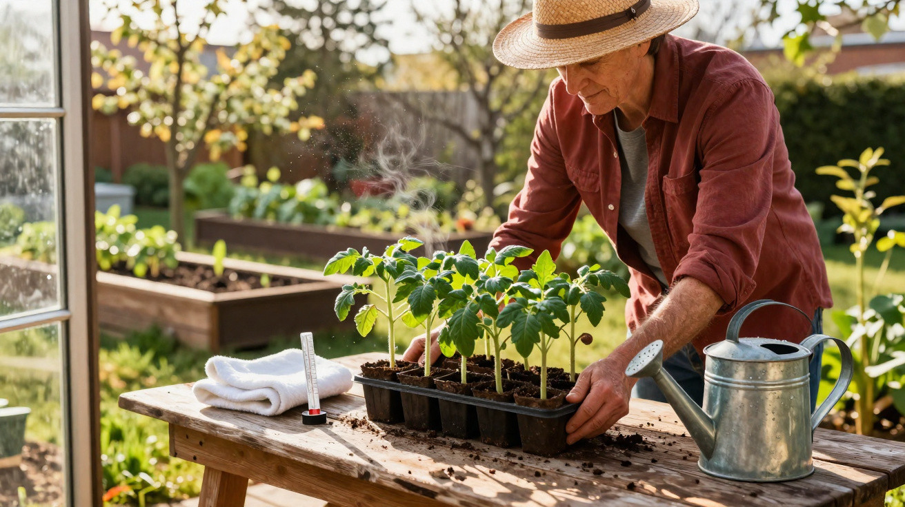 Homem com chapéu a transplantar mudas para o jardim num dia solarengo, com regador e termómetro na mesa de madeira.
