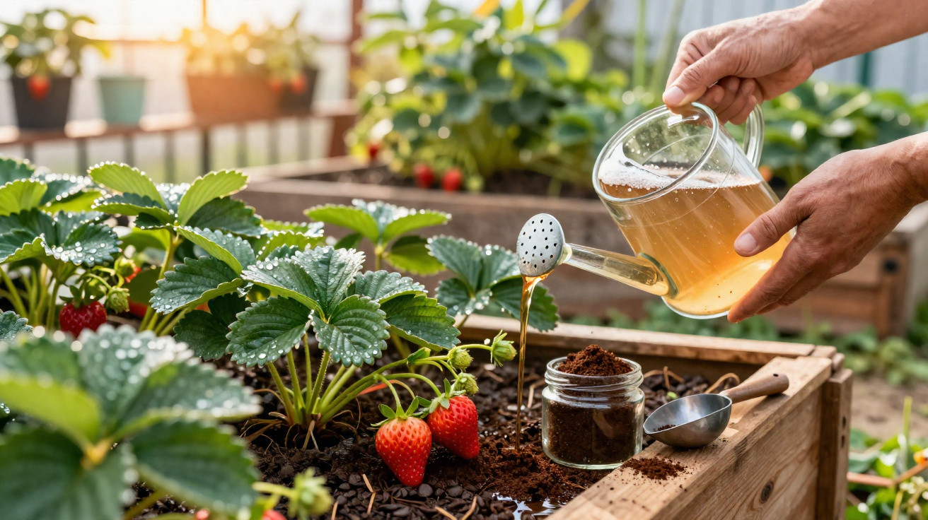 Mãos a regar plantas de morango num jardim com regador transparente e frascos com composto.