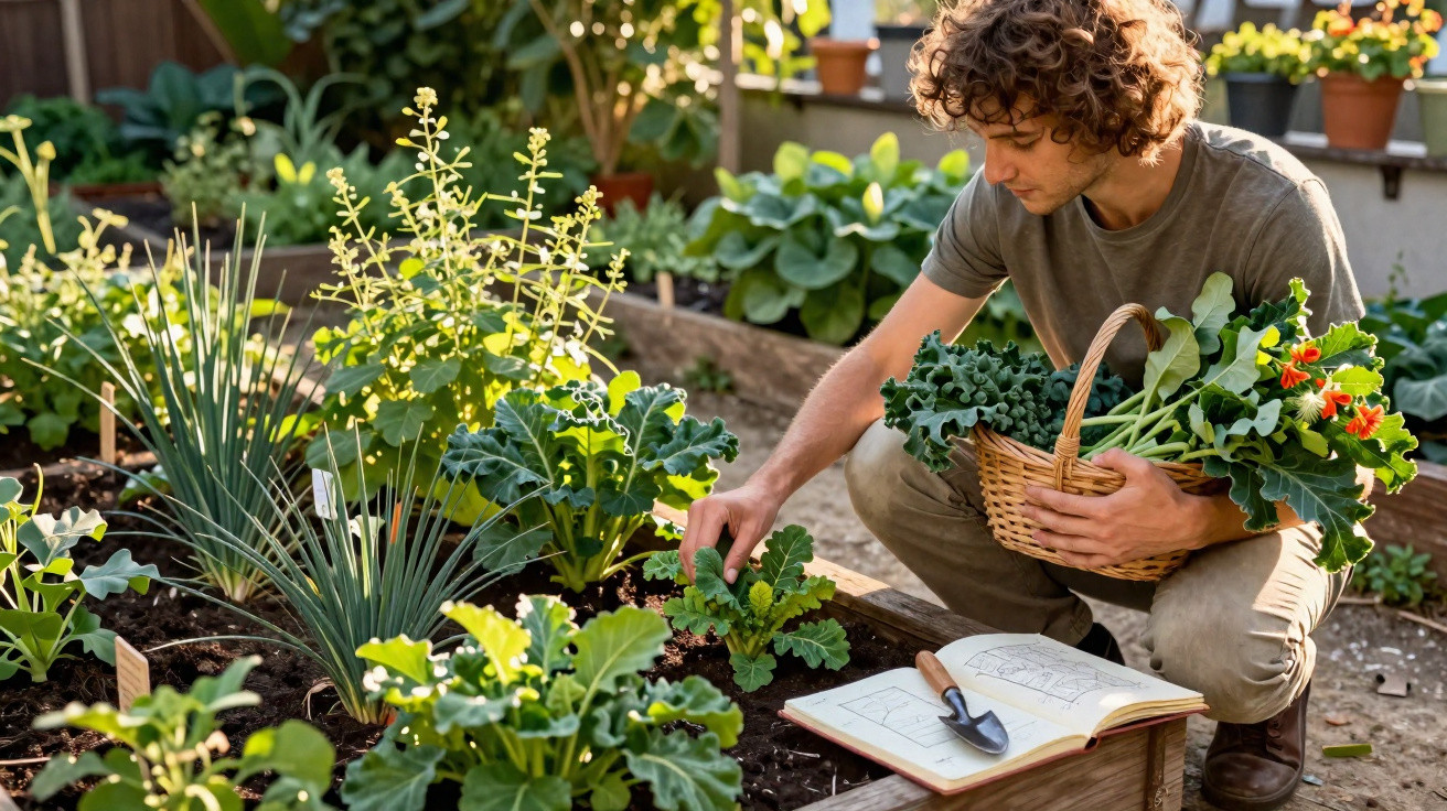 Jovem a recolher vegetais numa horta urbana com cesta e livro de plantas ao lado, em dia soalheiro.